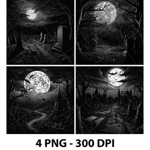 May include: Four black and white digital illustrations of a graveyard at night with a full moon and bats flying in the sky. The graveyard is filled with tombstones and trees.