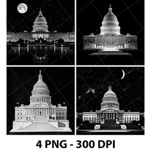 May include: Four black and white images of the US Capitol building at night with a starry sky. The building is lit up and the sky is filled with stars. The images are all different angles of the building.