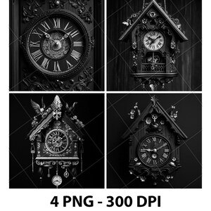 May include: Four black and white images of ornate cuckoo clocks with intricate carvings and Roman numeral clock faces. The clocks are set against a dark background.
