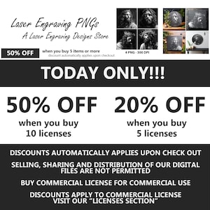 May include: A black and white graphic design advertises a sale on laser engraving PNGs. The ad features a black and white image of Jesus Christ with a crown of thorns. The text reads "Laser Engraving PNGs", "A Laser Engraving Designs Store", "50% OFF", "TODAY ONLY!!!", "50% OFF when you buy 10 licenses", "20% OFF when you buy 5 licenses", "DISCOUNTS AUTOMATICALLY APPLIES UPON CHECK OUT", "SELLING, SHARING AND DISTRIBUTION OF OUR DIGITAL FILES ARE NOT PERMITTED", "BUY COMMERCIAL LICENSE FOR COMMERCIAL USE", "DISCOUNTS APPLY TO COMMERCIAL LICENSE", "VISIT OUR "LICENSES SECTION""