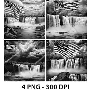 Puede incluir: Cuatro imágenes en blanco y negro de las Cataratas del Niágara con una bandera estadounidense ondeando al viento. Las imágenes muestran las cataratas desde diferentes ángulos y con diferentes formaciones de nubes en el cielo.