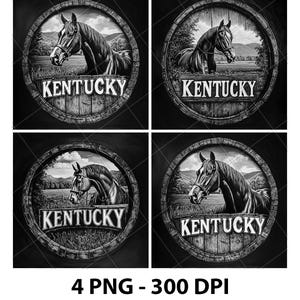 Puede incluir: Cuatro imágenes en blanco y negro de la cabeza de un caballo con la palabra "Kentucky" en un barril de madera. El caballo está en un campo con árboles y montañas en el fondo.