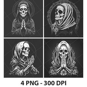 May include: Four digital illustrations of skeletons wearing hooded robes. The skeletons are in different poses, including praying and looking to the side. The images are in black and white and have a dark background.