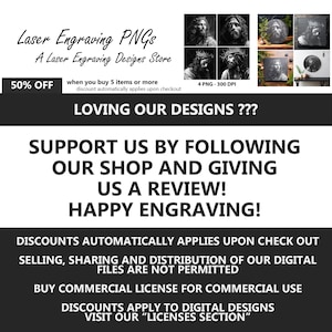 May include: A digital download of four black and white PNG images of a man with a crown of thorns. The images are 300 DPI and are perfect for laser engraving projects. The text "Loving our designs?" is at the top of the image. The text "Support us by following our shop and giving us a review! Happy engraving!" is in the middle of the image. The text "Discounts automatically applies upon check out. Selling, sharing and distribution of our digital files are not permitted. Buy commercial license for commercial use. Discounts apply to digital designs. Visit our "Licenses Section" is at the bottom of the image.