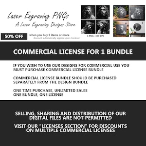 May include: Commercial license for one bundle of laser engraving designs. The text states that you must purchase a commercial license bundle if you wish to use the designs for commercial use. The license bundle should be purchased separately from the design bundle. One time purchase, unlimited sales, one bundle, one license. Selling, sharing and distribution of digital files are not permitted. Visit our "licenses section" for discounts on multiple commercial licenses.
