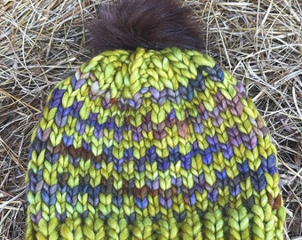 Luxurious Merino Wool Green Pom Pom Hat - Handcrafted by Heather Richard