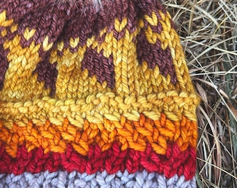 Hand Knit Merino Wool Hat: Blue Cream Multi-color Beanie  display picture 3
