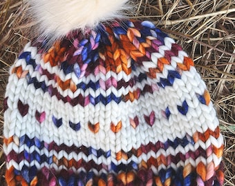 Cozy Merino Wool Knit Beanie with Faux Fur Pom Pom - White, Orange, Blue - Hand Knit by Heather Richard Designs