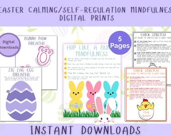 May include: Five printable pages with Easter-themed mindfulness activities for kids. The pages feature illustrations of bunnies, chicks, and eggs with instructions for breathing exercises and mindfulness activities. The text on the pages includes "Bunny Paw Breaths", "Zig Zag Egg Breaths", "Hop Like a Bunny Mindfulness", and "Chick Stretch".