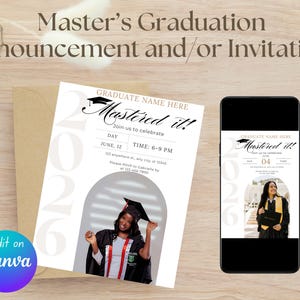 Faire-part de l'obtention du diplôme de maîtrise : carte d'invitation à l'université, modèle d'invitation avec photo (téléchargeable sur toile, téléchargement numérique) |
