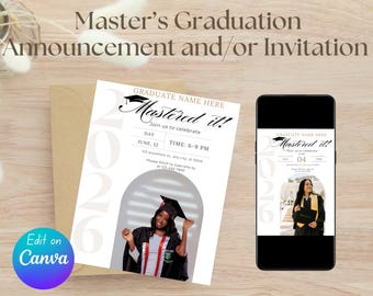 Master's Graduation Announcement: College Invitation Card , Photo Invitation Template (Canva Editable, Digital Download)|
