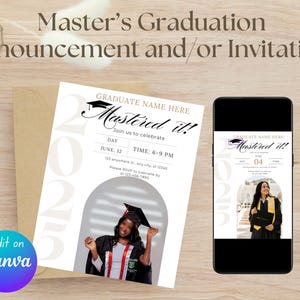 Anuncio de graduación de maestría / Invitación de graduación universitaria / 1 foto / Plantilla de invitación de graduación con foto / Plantilla editable de Canva