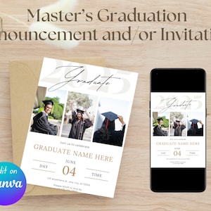 Anuncio de graduación de maestría / Tarjeta de invitación universitaria / Invitación de graduación / Plantilla de invitación de graduación con foto / Plantilla editable de Canva
