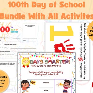 Può includere: Un pacchetto stampabile per il 100° giorno di scuola con 10 pagine e un certificato. Il pacchetto include un certificato colorato che dice "100 giorni più intelligenti!" e un foglio di lavoro con il testo "Il 100° giorno di scuola è il..."