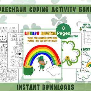 Peut inclure: Un lot d'activités imprimables pour enfants sur le thème du lutin. Le lot comprend des pages à colorier, un exercice de respiration arc-en-ciel, un labyrinthe et une feuille de travail "Je suis chanceux parce que...". Les pages sont en noir et blanc avec des accents de trèfles verts.