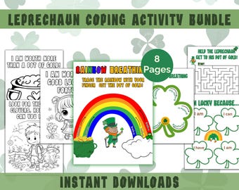 May include: A printable activity bundle for children featuring a leprechaun theme. The bundle includes coloring pages, a rainbow breathing exercise, a maze, and a "I am lucky because..." worksheet. The pages are black and white with green shamrock accents.
