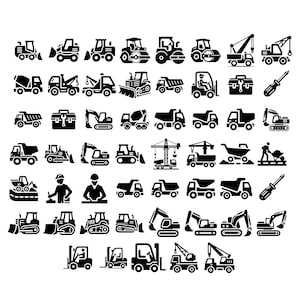 Könnte beinhalten: Eine Sammlung schwarzer Symbole für Baufahrzeuge auf weißem Hintergrund. Die Symbole umfassen verschiedene Arten von Lastwagen, Baggern, Planierraupen und anderen schweren Maschinen. Ebenfalls enthalten sind Symbole von Bauarbeitern und Werkzeugen.