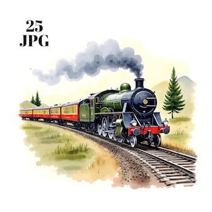 Puede incluir: Ilustración en acuarela de un tren de vapor verde y negro con vagones rojos y amarillos. El tren está sobre una vía, con un paisaje herboso y una montaña al fondo. El texto "25 JPG" está en la esquina superior izquierda.