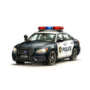 Puede incluir: Ilustración en acuarela de un coche de policía. El vehículo es blanco y negro con una barra de luces roja y azul en la parte superior. La palabra «POLICÍA» es visible en el lateral. El coche tiene una barra de empuje delantera.
