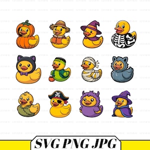 Pode incluir: Uma coleção de doze patos de borracha de desenho animado vestidos com vários trajes de Halloween, incluindo abóbora, espantalho, bruxa, esqueleto, gato, Frankenstein, múmia, lobisomem, zumbi, pirata, monstro e mago, com o texto SVG PNG JPG.