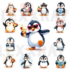 May include: Watercolor illustrations of cartoon penguins in various poses. One penguin wears heart-shaped sunglasses and holds a fruit drink. Other penguins wear chef hats, drink coffee, and read books. The penguins are black, white, and orange.