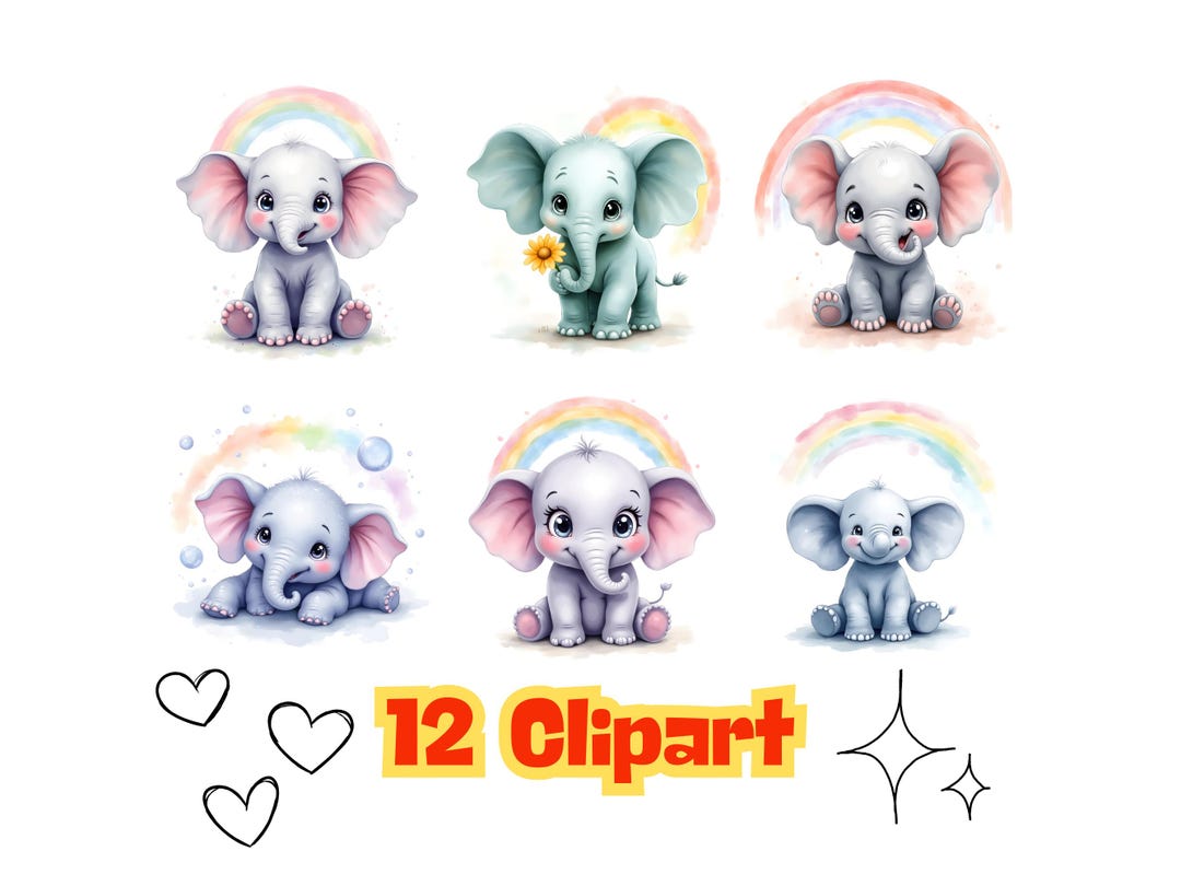 Baby Elephant Rainbow Watercolor Clipart, Nursery Decor (digital ...