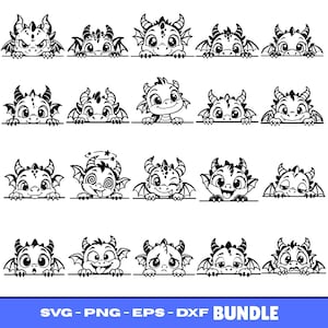 May include: A collection of twenty black and white digital illustrations featuring cartoon dragons peeking over a horizontal line with various facial expressions and poses. The bottom of the image includes the text SVG - PNG - EPS - DXF BUNDLE.