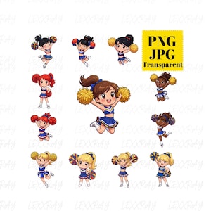 Pode incluir: Uma coleção de ilustrações de cheerleaders de desenhos animados em várias poses. Cada cheerleader é retratada com diferentes cores de cabelo e pompons, vestindo um uniforme azul e branco. A imagem inclui o texto "PNG JPG Transparent".