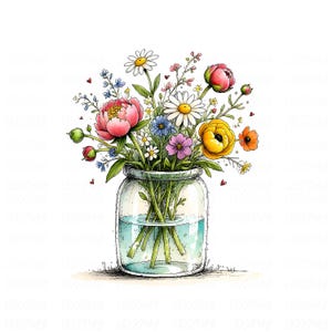 May include: Watercolor illustration of a bouquet of colorful flowers in a clear glass jar. The arrangement includes pink peonies, daisies, and other wildflowers. The jar is filled with water, and small red hearts are scattered around the bouquet.