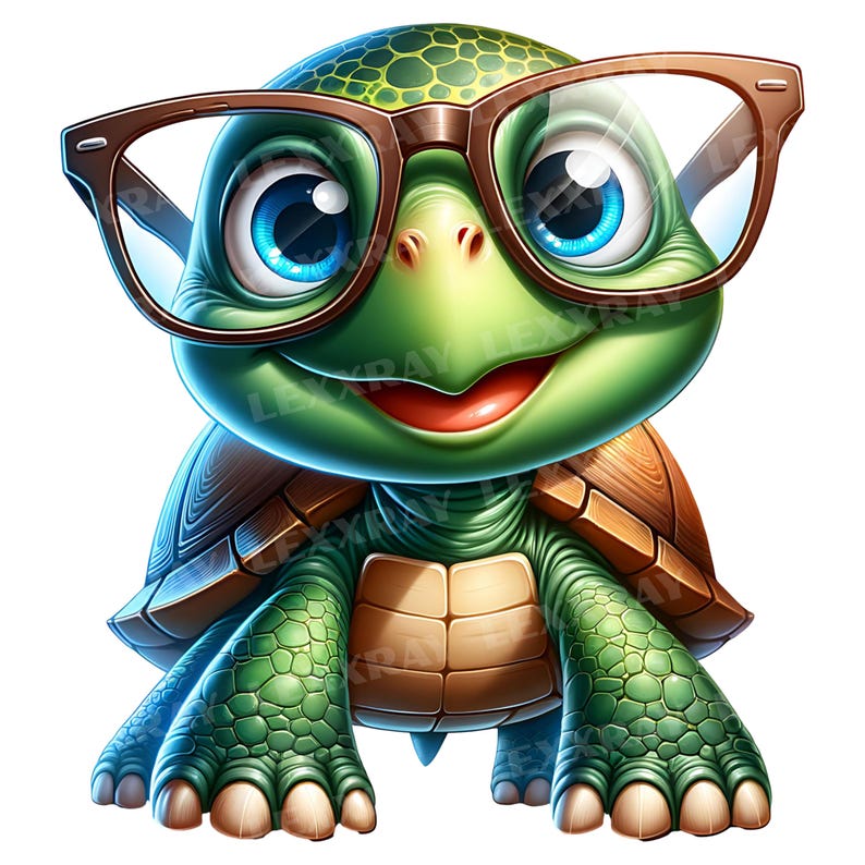 K&ouml;nnte beinhalten: Eine Zeichentrickschildkr&ouml;te mit gr&uuml;nem K&ouml;rper, braunem Panzer und gro&szlig;en blauen Augen. Die Schildkr&ouml;te tr&auml;gt eine braune Brille und hat einen l&auml;chelnden Gesichtsausdruck. Das Bild ist eine digitale Illustration mit wei&szlig;em Hintergrund.