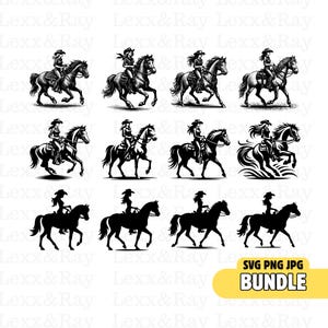 Cowgirl Clipart Bundle - 12 High-Quality JPG SVG PNG Files, Cowgirl Riding Horse Art & Printables for Crafts and Invitations