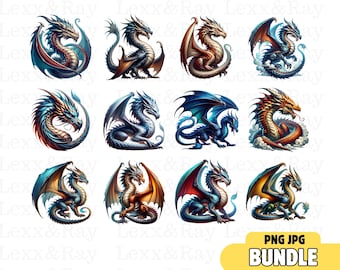 Watercolor Dragon Clipart: Fantasy Art PNG Bundle (Digital Download)