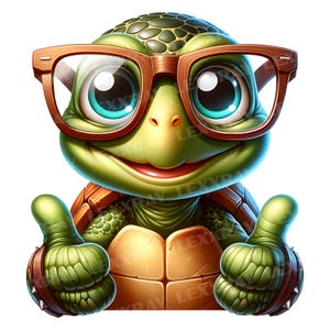K&ouml;nnte beinhalten: Eine Zeichentrickschildkr&ouml;te mit gr&uuml;nem Kopf und K&ouml;rper, die eine Brille mit braunem Rahmen tr&auml;gt. Die Schildkr&ouml;te hat gro&szlig;e, hellblaue Augen und hebt mit beiden H&auml;nden den Daumen. Der Panzer ist braun und beige, und das Gesamtdesign ist skurril.