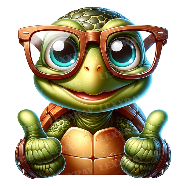 K&ouml;nnte beinhalten: Eine Zeichentrickschildkr&ouml;te mit gr&uuml;nem Kopf und K&ouml;rper, die eine Brille mit braunem Rahmen tr&auml;gt. Die Schildkr&ouml;te hat gro&szlig;e, hellblaue Augen und hebt mit beiden H&auml;nden den Daumen. Der Panzer ist braun und beige, und das Gesamtdesign ist skurril.
