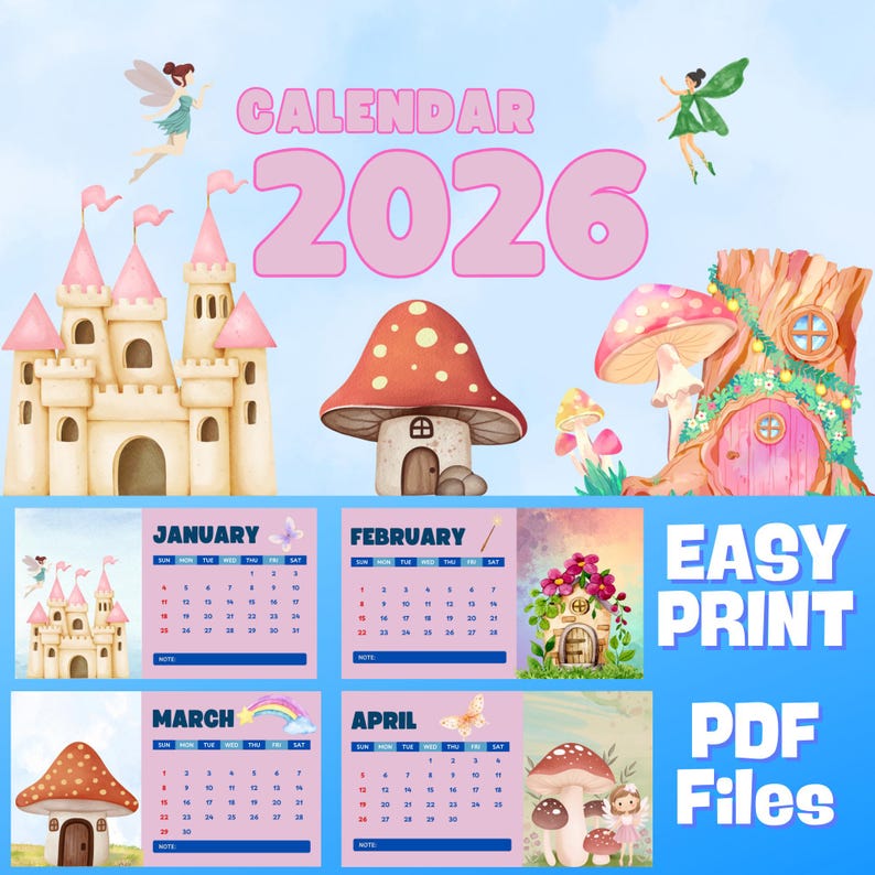 Fairy Watercolor 2026 Calendar Printable Monthly Wall Calendar Cute