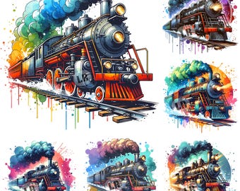 Watercolor Train Clip Art Steam & Express Train Designs PNG JPG