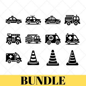 Pode incluir: Um conjunto de ícones a preto e branco que representam veículos de serviços de emergência, incluindo carros de polícia, carros de bombeiros, ambulâncias e cones de trânsito. A palavra "BUNDLE" é exibida num banner amarelo na parte inferior da imagem.