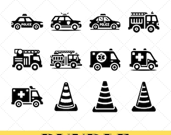 Emergency Vehicle Clipart, SVG PNG Bundle, Fire Truck, Ambulance, Police Car