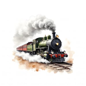 May include: Watercolor illustration of a vintage steam train. The train is green and black with red passenger cars, billowing white smoke, and is traveling on a track. The image has a watercolor effect.