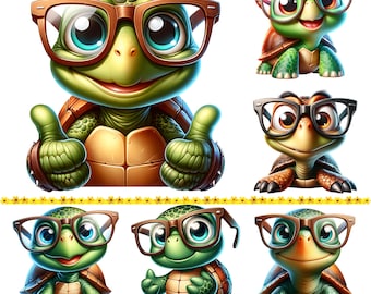 Pode incluir: Uma coleção de tartarugas de desenho animado usando óculos. As tartarugas são verdes e marrons com olhos grandes e estão dando um joinha. As tartarugas estão sorrindo e parecem amigáveis. A imagem está em um fundo branco.