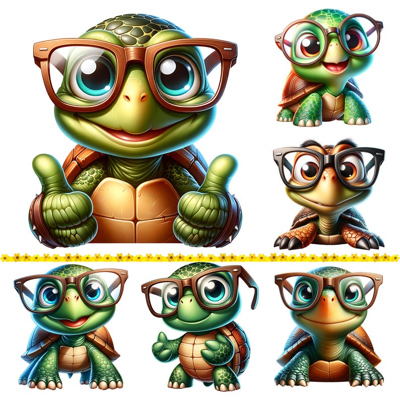 K&ouml;nnte beinhalten: Eine Sammlung von Zeichentrickschildkr&ouml;ten mit Brille. Die Schildkr&ouml;ten sind gr&uuml;n und braun mit gro&szlig;en Augen und geben einen Daumen hoch. Die Schildkr&ouml;ten l&auml;cheln und wirken freundlich. Das Bild ist vor einem wei&szlig;en Hintergrund.