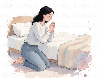 Imagen prediseñada de mujer orando en acuarela, arte de fe cristiana, imágenes prediseñadas religiosas en formato JPG.
