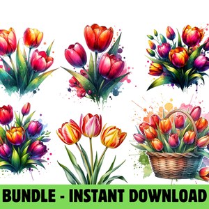 Watercolor Spring Tulips Clipart Set - Digital Download, High Quality PNGs, Paper Craft Supplies