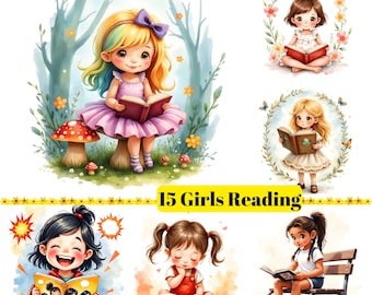 Girls Reading Clipart Whimsical Book Images (Digital Download)