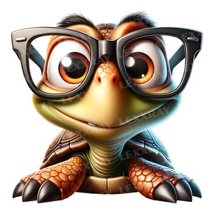 K&ouml;nnte beinhalten: Cartoon-Schildkr&ouml;te mit schwarzer Brille und gro&szlig;en, ausdrucksstarken Augen. Die Schildkr&ouml;te hat ein hellgr&uuml;nes und gelbes Gesicht, einen braunen Panzer und orangefarbene F&uuml;&szlig;e. Digitale Illustration auf wei&szlig;em Hintergrund.