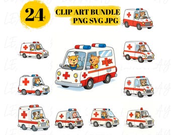 Paquete de imágenes prediseñadas de ambulancias, animales conduciendo vehículos de emergencia, arte infantil (PNG, SVG, JPG)