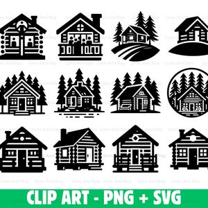 May include: A set of 10 black and white cabin clip art images. The images feature different styles of cabins, including a cabin with a porch, a cabin in the woods, and a cabin with a fireplace. The images are perfect for use in crafting projects, scrapbooking, and digital design.