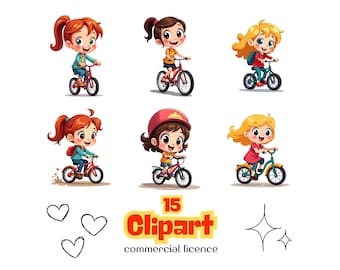 Bike Girls Clipart Bundle: Whimsical Biking Designs (JPG, Digital Download)