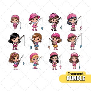 Fishing Clip Art , 12 Girls Fishing, Fish girl, JPG & PNG, Transparent Instant Download