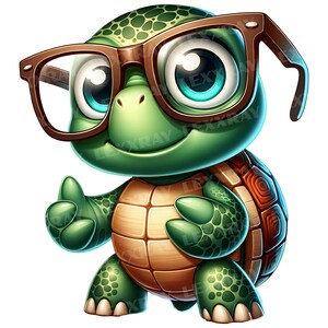 K&ouml;nnte beinhalten: Eine Zeichentrickschildkr&ouml;te mit gr&uuml;nem K&ouml;rper, braunem Panzer und gro&szlig;en Augen. Die Schildkr&ouml;te tr&auml;gt eine braun gerahmte Brille und zeigt den Daumen nach oben. Das Bild hat einen wei&szlig;en Hintergrund und eine freundliche, fr&ouml;hliche Ausstrahlung.